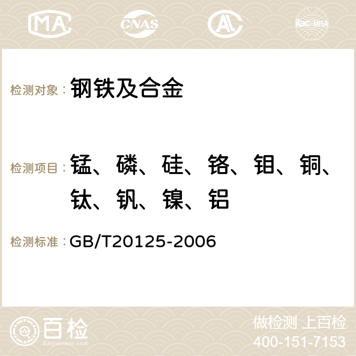 锰、磷、硅、铬、钼、铜、钛、钒、镍、铝 低合金钢 多元素含量的测定 电感耦合等离子体原子发射光谱法 GB/T20125-2006