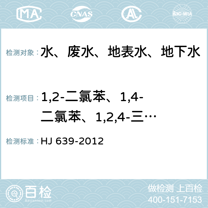 1,2-二氯苯、1,4-二氯苯、1,2,4-三氯苯、苯、甲苯、异丙苯、乙苯、苯乙烯、萘、氯乙烯、环氧氯丙烷、二溴氟甲烷、二溴氯甲烷、间，对-二甲苯，溴仿、4-氯甲烷、1,1-二氯乙烯、氯丁二烯、二氯甲烷、反式-1,2-二氯乙烯、顺式-1,2-二氯乙烯、1,1-二氯乙烷、2,2-二氯丙烷、溴氯甲烷 水质 挥发性有机物的测定 吹扫捕集/气相色谱-质谱法 HJ 639-2012