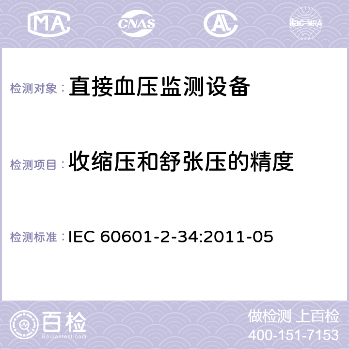 收缩压和舒张压的精度 医用电气设备.第2-34部分:直接血压监测设备的基本安全性和必要性能的详细要求 IEC 60601-2-34:2011-05 201.12.1.101.2