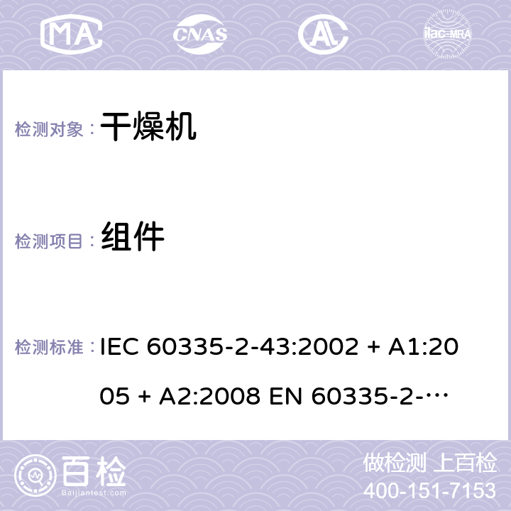 组件 IEC 60335-2-43 家用和类似用途电器的安全 – 第二部分:特殊要求 – 衣物干燥机和毛巾架 :2002 + A1:2005 + A2:2008 

EN 60335-2-43:2003 + A1:2006 + A2:2008 Cl. 24