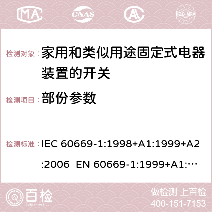 部份参数 IEC 60669-1:1998 家用和类似用途固定电气设备开关 第1部分：通用要求 +A1:1999+A2:2006 EN 60669-1:1999+A1:2002+A2:2008