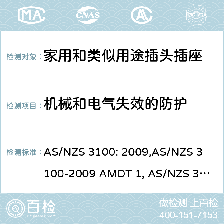 机械和电气失效的防护 认可和试验规范——电气产品通用要求 AS/NZS 3100: 2009,
AS/NZS 3100-2009 AMDT 1, 
AS/NZS 3100-2009 AMDT 2, 
AS/NZS 3100-2009 AMDT 3, 
AS/NZS 3100:2009 Amd 4:2015, 
AS/NZS 3100:2017, 
AS/NZS 3100:2017 Amd 1:2017 cl.4