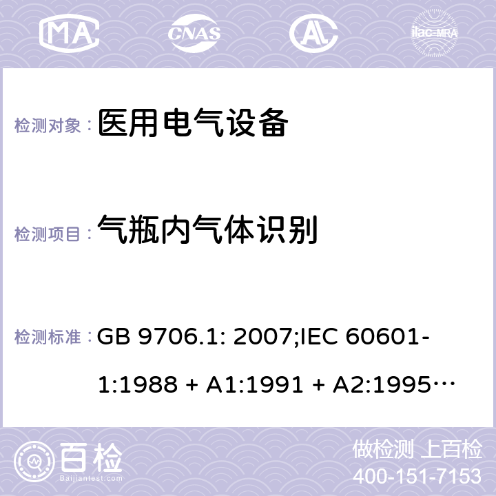 气瓶内气体识别 医用电气设备 第一部分：安全通用要求 GB 9706.1: 2007;
IEC 60601-1:1988 + A1:1991 + A2:1995;
EN 60601-1:1990+A1:1993+A2:1995 6.6 a)