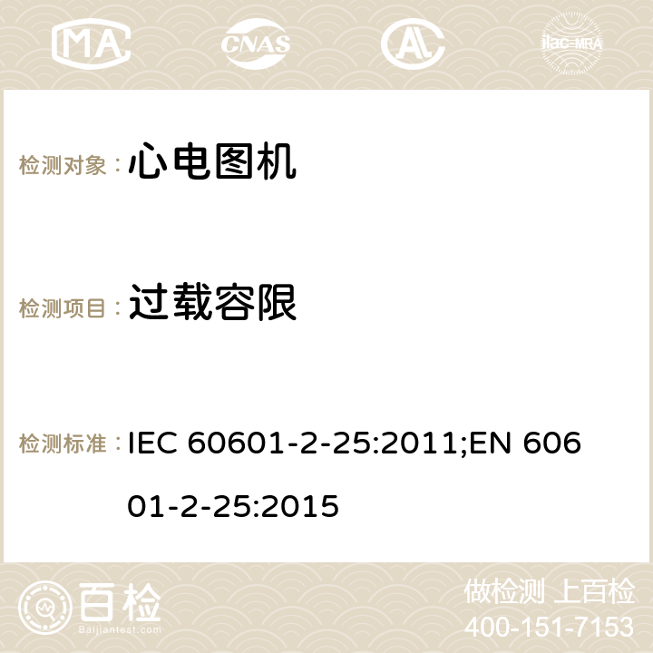 过载容限 IEC 60601-2-25 医用电气设备 第2-25部分：心电图机安全专用要求 :2011;
EN 60601-2-25:2015 201.12.4.105.2