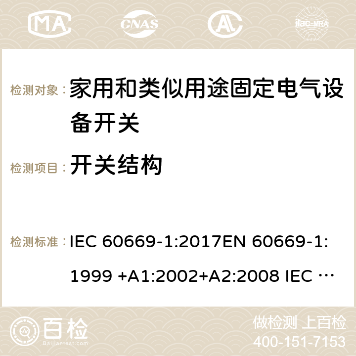 開關結構 家用和類似用途固定電氣設備開關 第1部分:總要求 IEC 60669-1:2017EN 60669-1:1999 +A1:2002+A2:2008 IEC 60669-1:1998+AMD1:1999+AMD2:2006EN 60669-1:2018 14