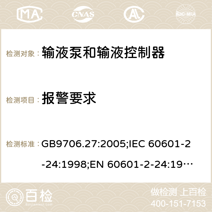 报警要求 医用电气设备 第2-24部分：输液泵和输液控制器安全专用要求 GB9706.27:2005;
IEC 60601-2-24:1998;
EN 60601-2-24:1998 51.109