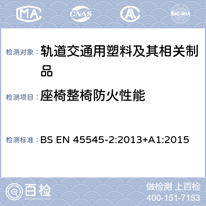 座椅整椅防火性能 轨道车辆-轨道车辆防火保护 第2部分：材料和部件燃烧性能要求 BS EN 45545-2:2013+A1:2015 附录A、附录B