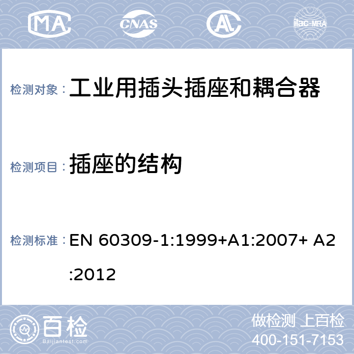 插座的结构 工业用插头插座和耦合器 第1部分：通用要求 EN 60309-1:1999+A1:2007+ A2:2012 15