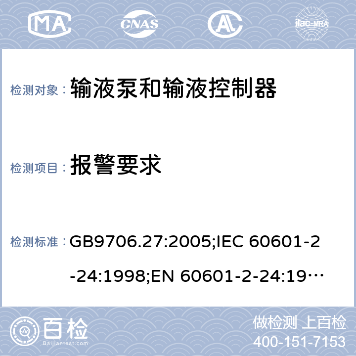 报警要求 医用电气设备 第2-24部分：输液泵和输液控制器安全专用要求 GB9706.27:2005;
IEC 60601-2-24:1998;
EN 60601-2-24:1998 51.107