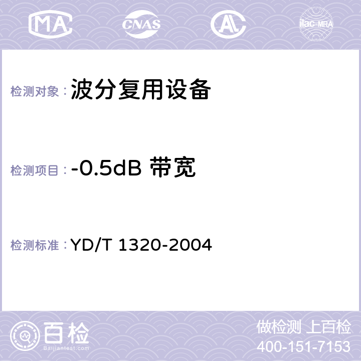 -0.5dB 带宽 光密集波分复用器/去复用器技术要求和测试方法 YD/T 1320-2004 4.2 表4