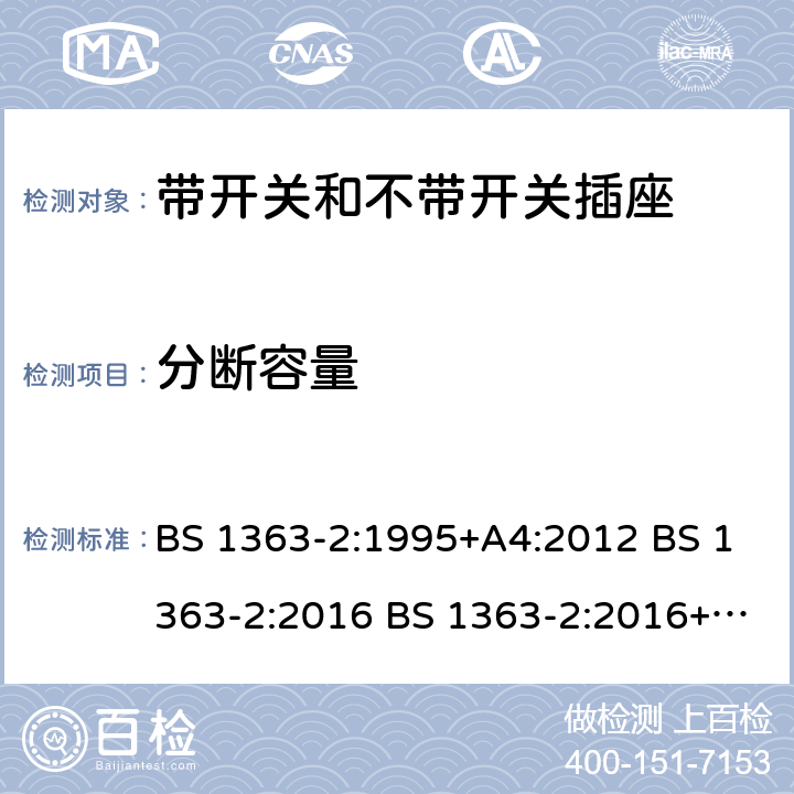 分断容量 带开关和不带开关插座 BS 1363-2:1995+A4:2012 BS 1363-2:2016 BS 1363-2:2016+A1:2018 17