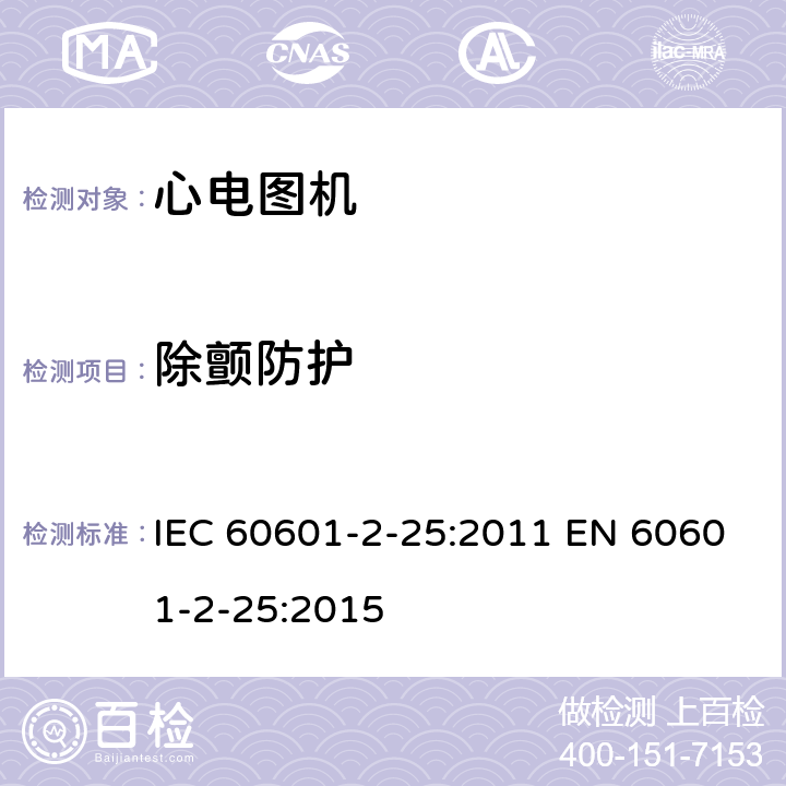除颤防护 医用电气设备 第2-25部分:心电图机基本安全和基本性能的专用要求 IEC 60601-2-25:2011 EN 60601-2-25:2015 201.8.5.5.1