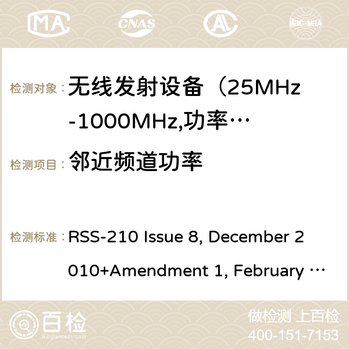 邻近频道功率 RSS-210 ISSUE 电磁发射限值，射频要求和测试方法 RSS-210 Issue 8, December 2010+Amendment 1, February 2015; RSS-210 Issue 9, August 2016 (Amendment November 2017); RSS-210 Issue 10 December 2019