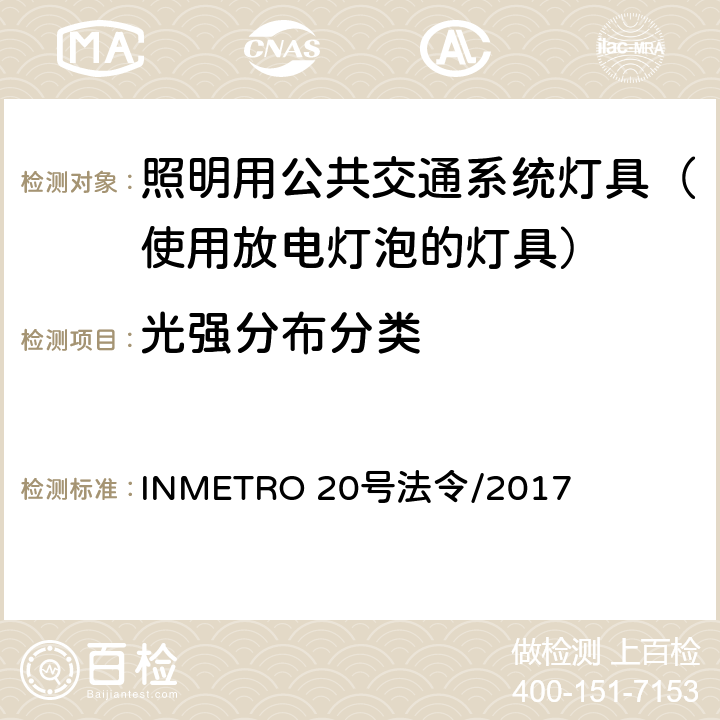 光强分布分类 照明用公共交通系统灯具技术质量规定 INMETRO 20号法令/2017 B.2 of Annex I-A