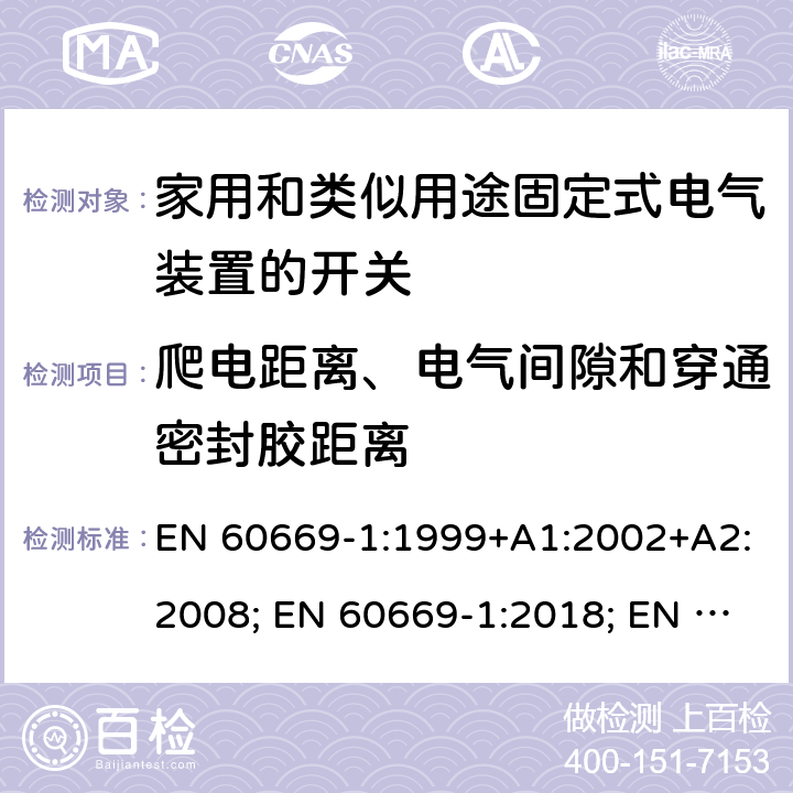 爬电距离、电气间隙和穿通密封胶距离 EN 60669-1:1999 家用和类似用途固定式电气装置的开关 第1部分:通用要求 +A1:2002+A2:2008; EN 60669-1:2018; EN 60669-1:2018/AC:2018-11; EN 60669-1:2018/AC:2020-02; BS EN 60669-1:2018; EN 60669-1:2018/AC:2020-02 23