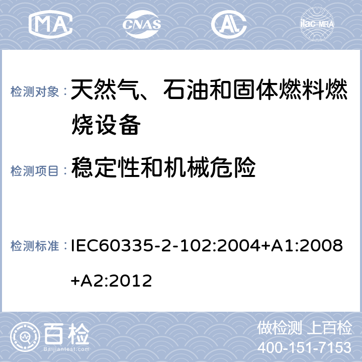 穩定性和機械危險 具有電氣連接的天然氣、石油和固體燃料燃燒設備的特殊要求 IEC60335-2-102:2004+A1:2008+A2:2012 20