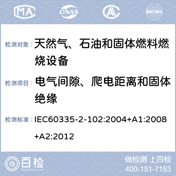 電氣間隙、爬電距離和固體絕緣 具有電氣連接的天然氣、石油和固體燃料燃燒設備的特殊要求 IEC60335-2-102:2004+A1:2008+A2:2012 29