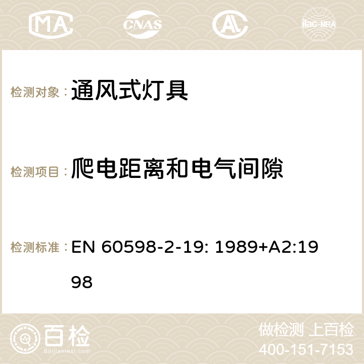 爬电距离和电气间隙 灯具　
第2-19部分：
特殊要求　通风式灯具 EN 
60598-2-19: 1989+
A2:1998 19.7