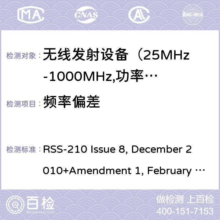 频率偏差 电磁发射限值，射频要求和测试方法 RSS-210 Issue 8, December 2010+Amendment 1, February 2015; RSS-210 Issue 9, August 2016 (Amendment November 2017); RSS-210 Issue 10 December 2019