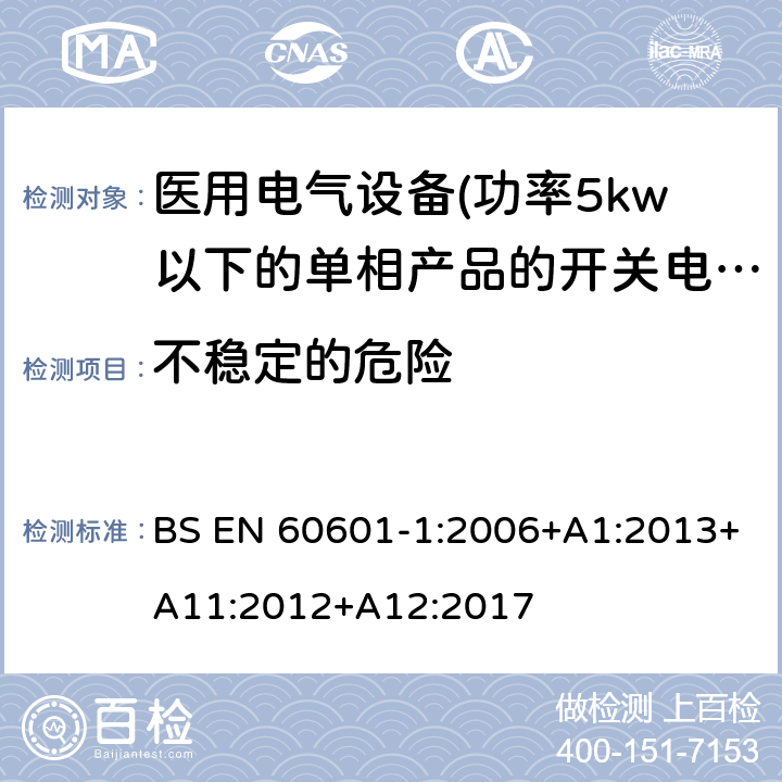 不稳定的危险 医用电气设备 第一部分:通用安全要求 BS EN 60601-1:2006+A1:2013+A11:2012+A12:2017 9.4 不稳定的危险