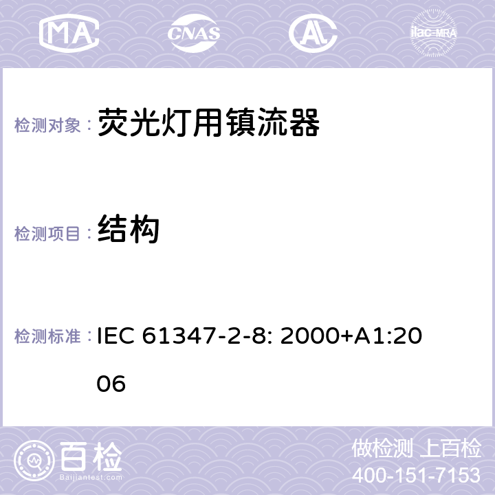 结构 灯的控制装置
第2-8部分：
特殊要求
荧光灯用镇流器 IEC 
61347-2-8: 2000+
A1:2006 17