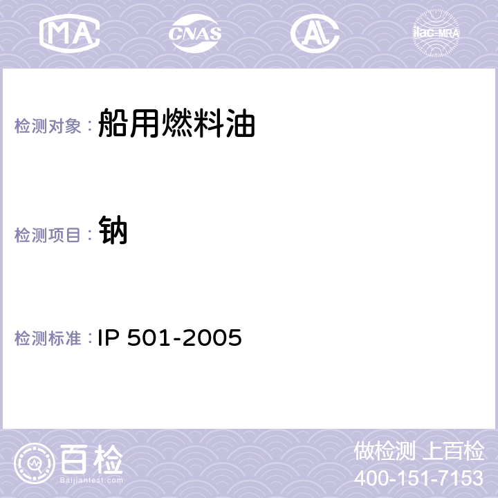 钠 用灰化法,熔解法和感应耦合等离子体发散光谱法测定剩余燃料油中铝,硅,钒,镍,铁,钠,钙,锌和磷 IP 501-2005