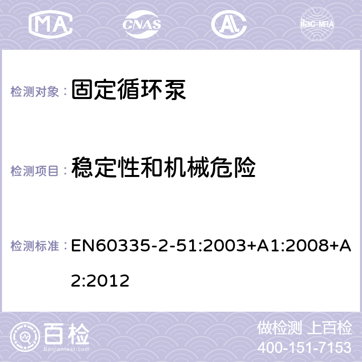 穩定性和機械危險 加熱和供水裝置固定循環泵的特殊要求 EN60335-2-51:2003+A1:2008+A2:2012 20