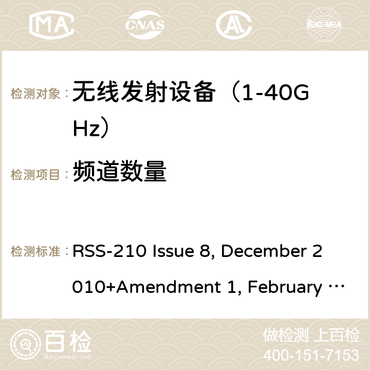 频道数量 《无线电发射设备参数通用要求和测量方法》 RSS-210 Issue 8, December 2010+Amendment 1, February 2015; RSS-210 Issue 9, August 2016 (Amendment November 2017); RSS-210 Issue 10 December 2019