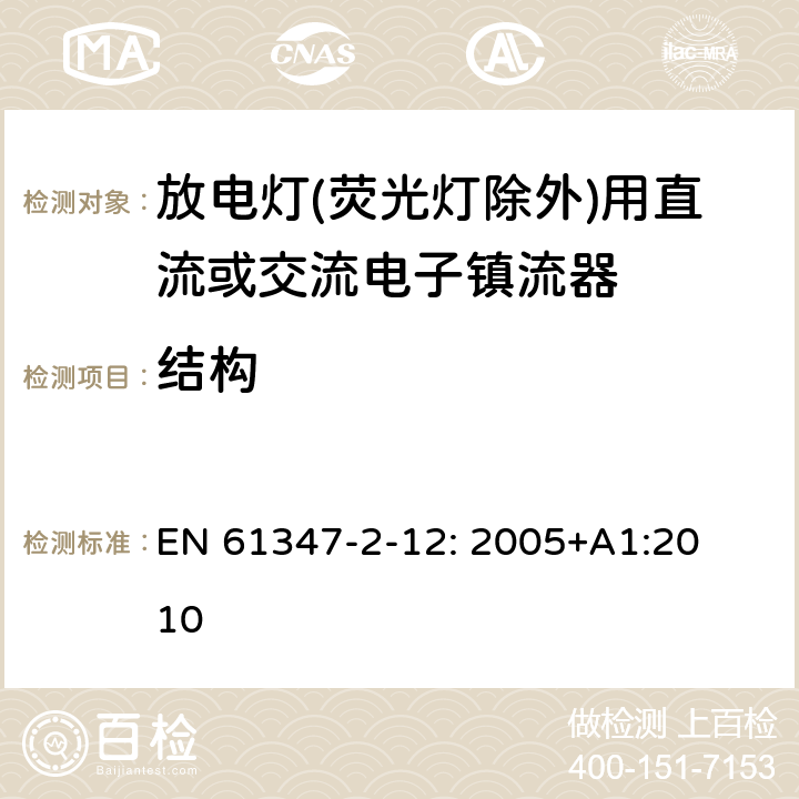 结构 灯的控制装置
第2-12部分：
特殊要求
放电灯(荧光灯除外)用直流或交流电子镇流器 EN 
61347-2-12: 2005+
A1:2010 18