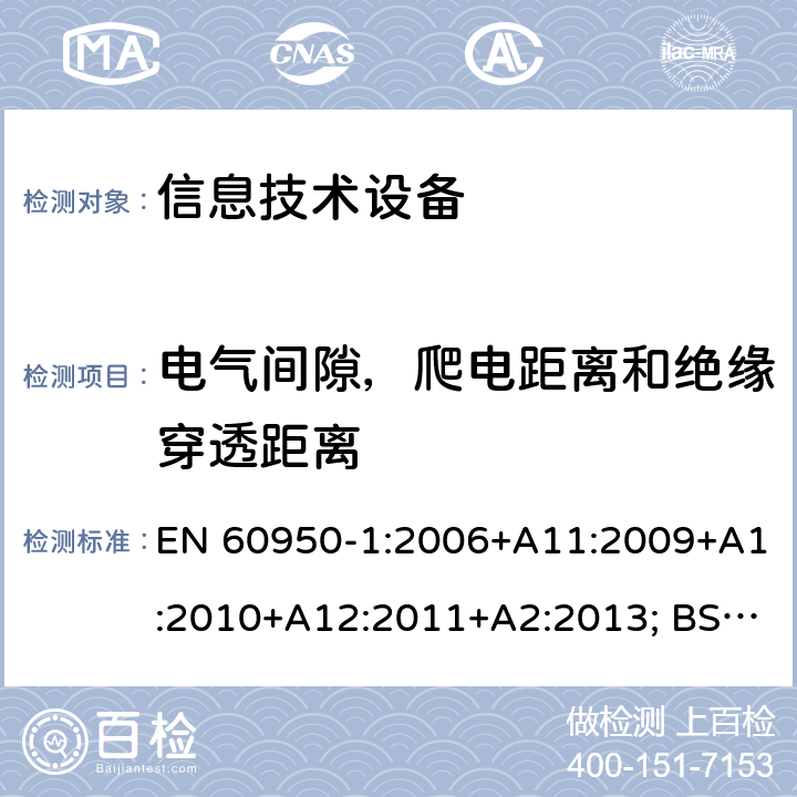 电气间隙，爬电距离和绝缘穿透距离 信息技术设备 安全 第1部分：通用要求 EN 60950-1:2006+A11:2009+A1:2010+A12:2011+A2:2013; BS EN 60950-1:2006+A11:2009+A1:2010+A12:2011+A2:2013 2.10