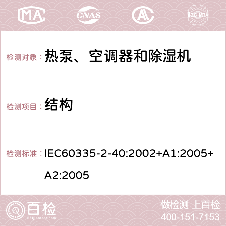 结构 热泵、空调器和除湿机的特殊要求 IEC60335-2-40:2002+A1:2005+A2:2005 22