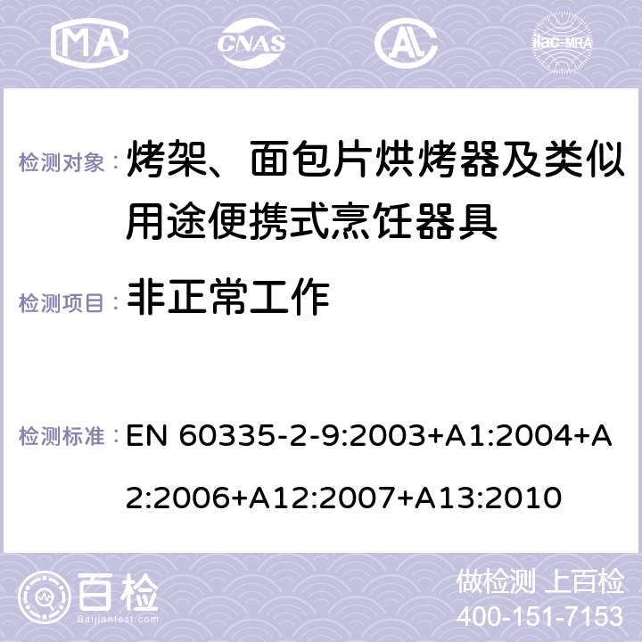非正常工作 家用和類似電器的安全 第二部分: 烤架、面包片烘烤器及類似用途便攜式烹飪器具的特殊要求 EN 60335-2-9:2003+A1:2004+A2:2006+A12:2007+A13:2010 19非正常工作