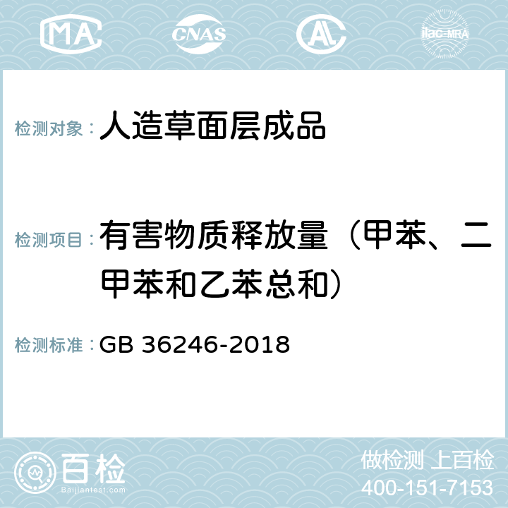 有害物质释放量（甲苯、二甲苯和乙苯总和） 中小学合成材料面层运动场地 GB 36246-2018 附录I