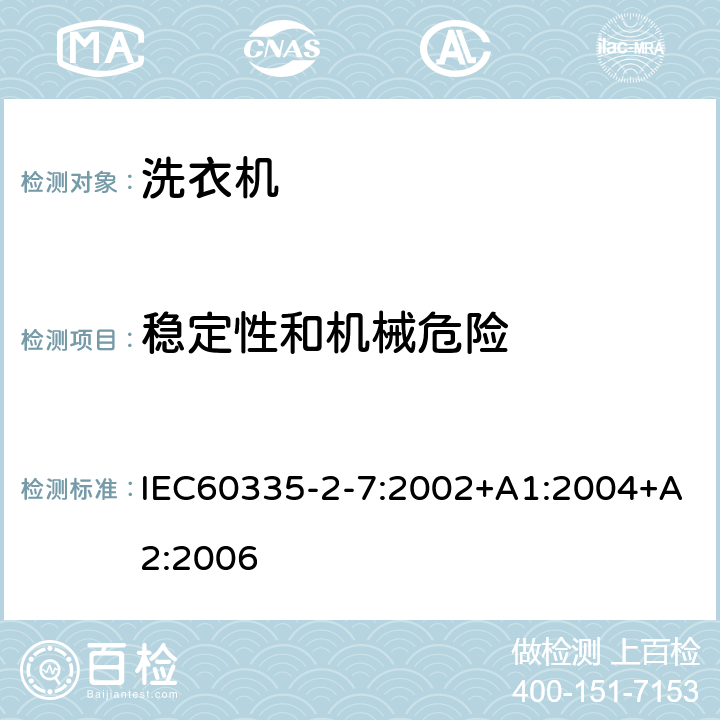 穩(wěn)定性和機(jī)械危險(xiǎn) 洗衣機(jī)的特殊要求 IEC60335-2-7:2002+A1:2004+A2:2006 20