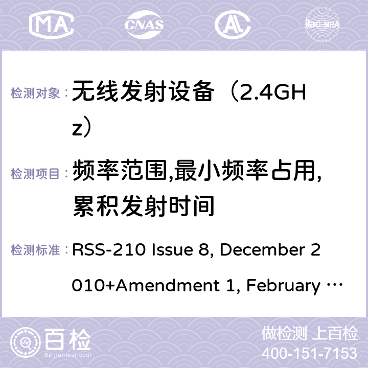 频率范围,最小频率占用,累积发射时间 《无线电发射设备参数通用要求和测量方法》 RSS-210 Issue 8, December 2010+Amendment 1, February 2015; RSS-210 Issue 9, August 2016 (Amendment November 2017); RSS-210 Issue 10 December 2019