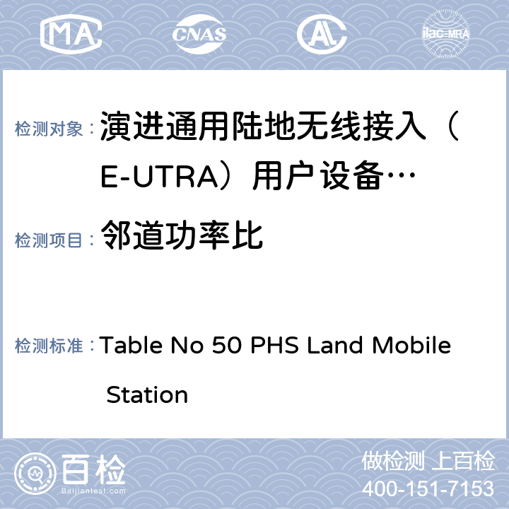 邻道功率比 IMT-2000 4G基站,中继器及用户端产品的电磁兼容和无线电频谱问题; Table No 50 PHS Land Mobile Station 4.2.12
