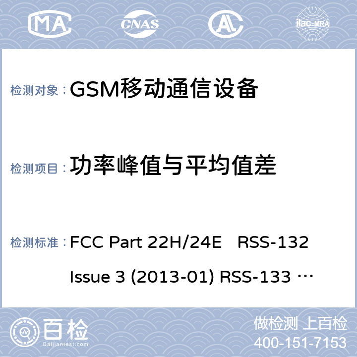 功率峰值与平均值差 FCC PART 22H GSM850/1900移动通信设备 FCC Part 22H/24E RSS-132 Issue 3 (2013-01) RSS-133 Issue 6 (2013-01)+Amendment(2018-01) All