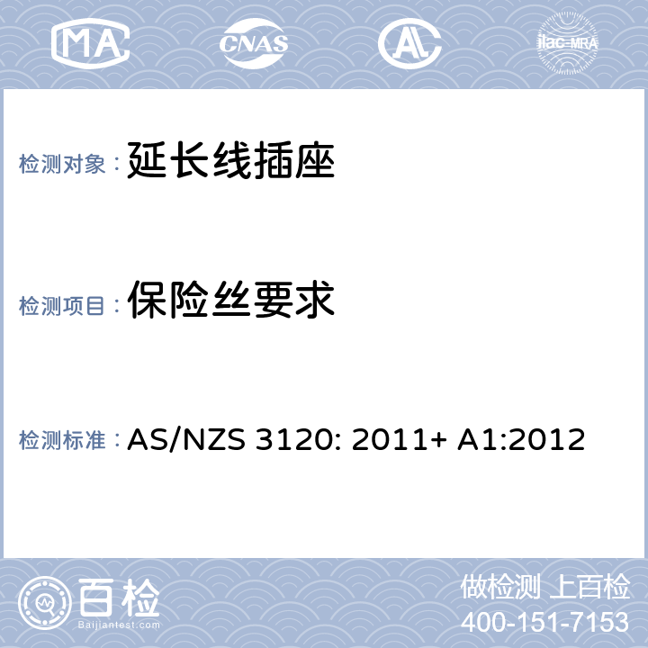 保险丝要求 认可及测试规范— 延长线插座 AS/NZS 3120: 2011+ A1:2012 2.16