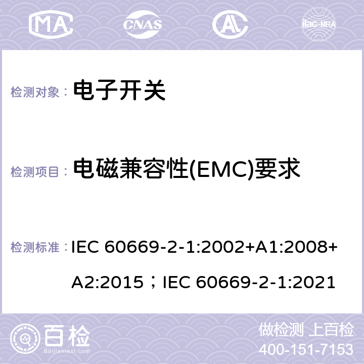 电磁兼容性(EMC)要求 家用和类似用途固定式电气装置的开关 第2-1部分：电子开关的特殊要求 IEC 60669-2-1:2002+A1:2008+A2:2015；IEC 60669-2-1:2021 26