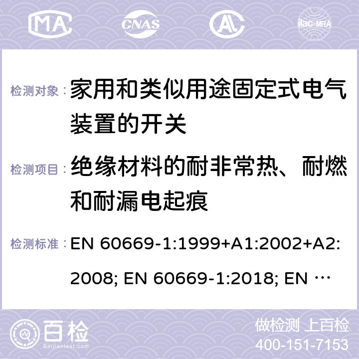 绝缘材料的耐非常热、耐燃和耐漏电起痕 EN 60669-1:1999 家用和类似用途固定式电气装置的开关 第1部分:通用要求 +A1:2002+A2:2008; EN 60669-1:2018; EN 60669-1:2018/AC:2018-11; EN 60669-1:2018/AC:2020-02; BS EN 60669-1:2018; EN 60669-1:2018/AC:2020-02 24