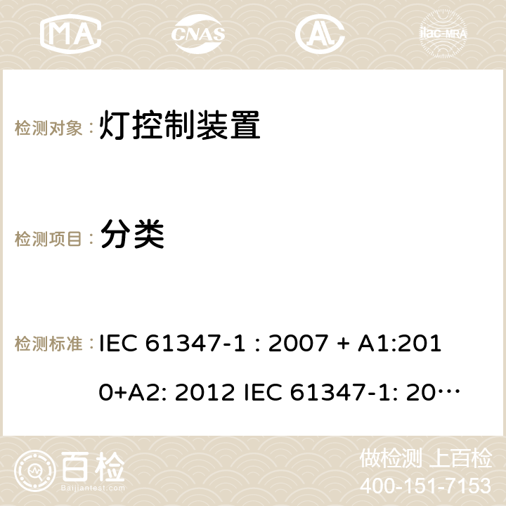 分类 灯控制器: 通用要求和安全要求 IEC 61347-1 : 2007 + A1:2010+A2: 2012 IEC 61347-1: 2015 + A1: 2017
EN 61347-1: 2008 + A1:2011 + A2:2013 EN 61347-1:2015 6
