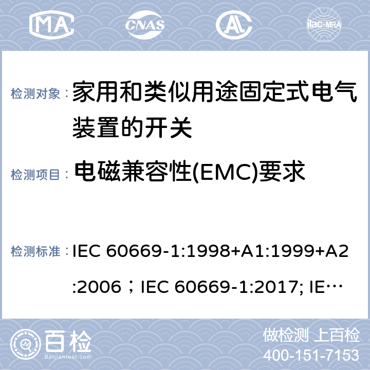 电磁兼容性(EMC)要求 家用和类似用途固定式电气装置的开关 第1部分:通用要求 IEC 60669-1:1998+A1:1999+A2:2006；IEC 60669-1:2017; IEC 60669-1:2017/COR1:2020 26