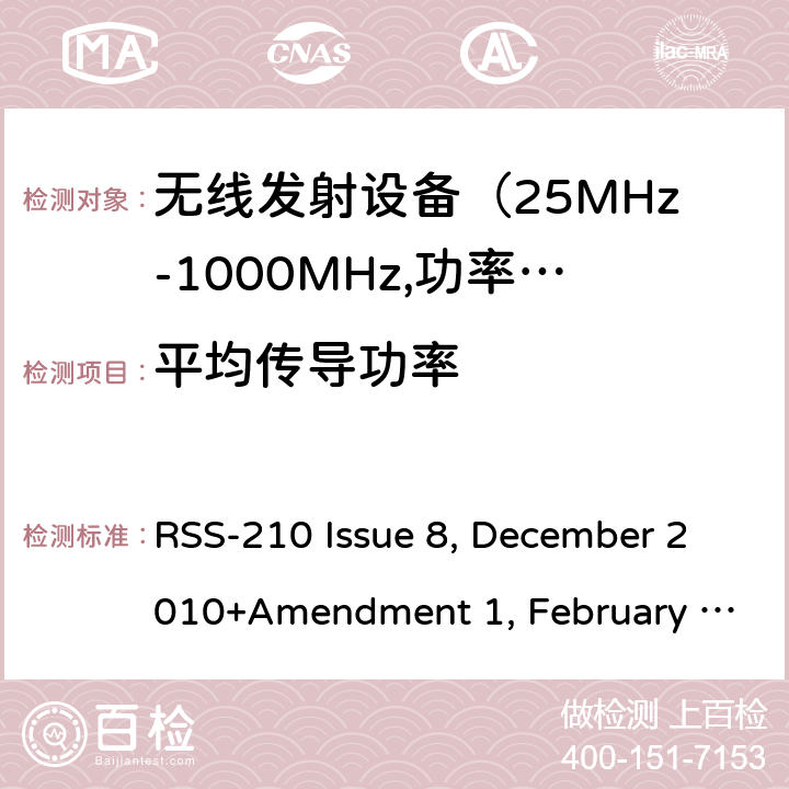 平均传导功率 RSS-210 ISSUE 电磁发射限值，射频要求和测试方法 RSS-210 Issue 8, December 2010+Amendment 1, February 2015; RSS-210 Issue 9, August 2016 (Amendment November 2017); RSS-210 Issue 10 December 2019
