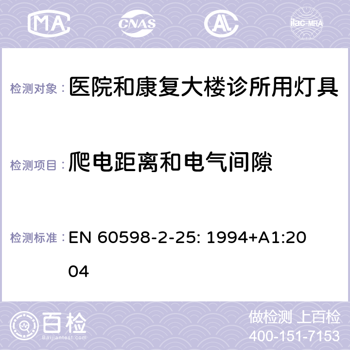 爬电距离和电气间隙 灯具　
第2-25部分：
特殊要求　医院和康复大楼诊所用灯具 EN 
60598-2-25: 1994+
A1:2004 25.7