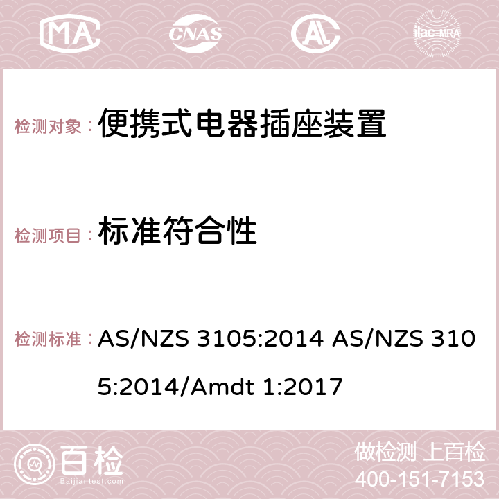 标准符合性 认可和试验规范—插头和插座 认可和测试规范–便携式电器插座装置 AS/NZS 3105:2014 AS/NZS 3105:2014/Amdt 1:2017 3