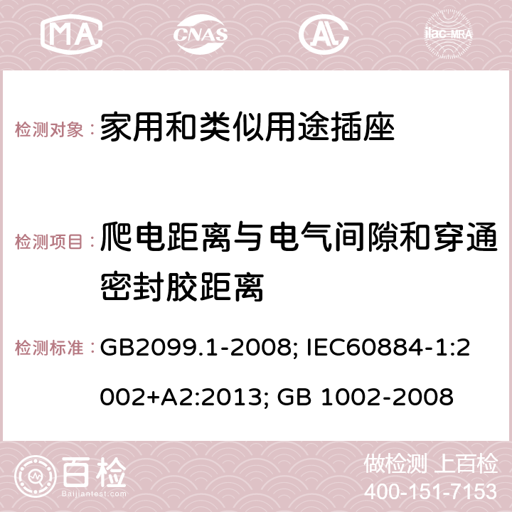 爬电距离与电气间隙和穿通密封胶距离 家用和类似用途插头插座 第一部分：通用要求；家用和类似用途单相插头插座型式、基本参数和尺寸 GB2099.1-2008; IEC60884-1:2002+A2:2013; GB 1002-2008 27