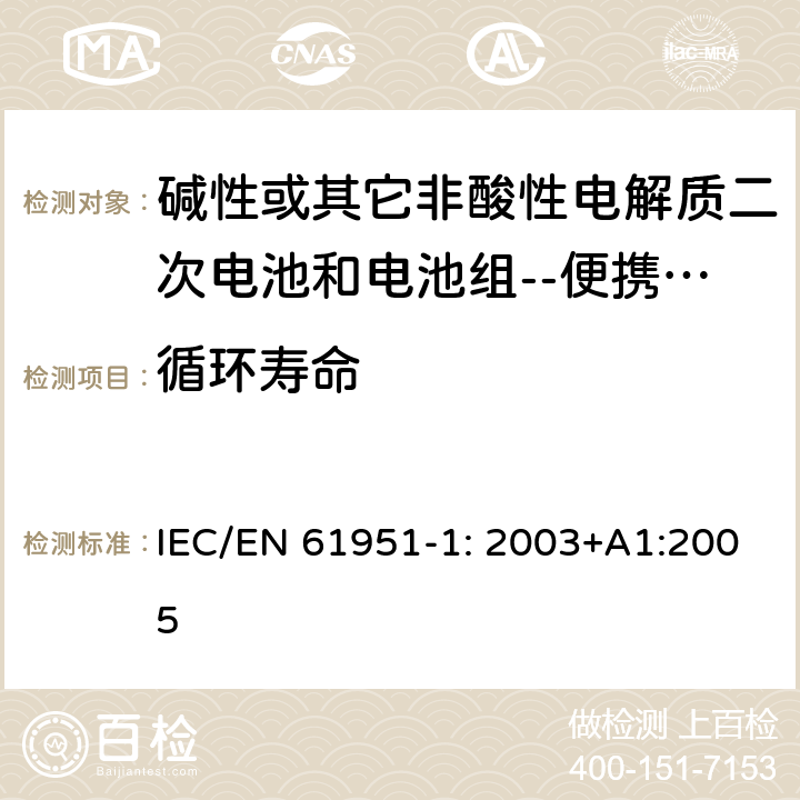 循环寿命 碱性或其它非酸性电解质二次电池和电池组--便携式密封式可充电单体电池第一部分：镍镉电池 IEC/EN 61951-1: 2003+A1:2005 7.4.1