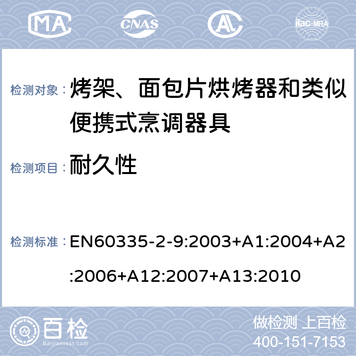 耐久性 烤架、面包片烘烤器和類似便攜式烹調器具的特殊要求 EN60335-2-9:2003+A1:2004+A2:2006+A12:2007+A13:2010 18