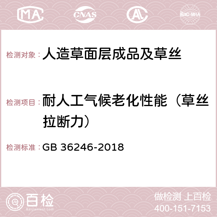 耐人工气候老化性能（草丝拉断力） 中小学合成材料面层运动场地 GB 36246-2018 6.9