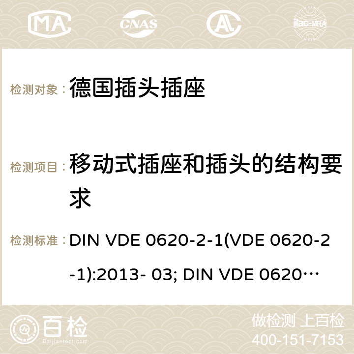 移动式插座和插头的结构要求 DIN VDE 0620-2-1:2016 家用和类似用途插头和固定插座.第2-1部分:插头和便携式插座通用要 DIN VDE 0620-2-1(VDE 0620-2-1):2013- 03; +A1:2017; VDE 0620-2- 1:2019 14 14